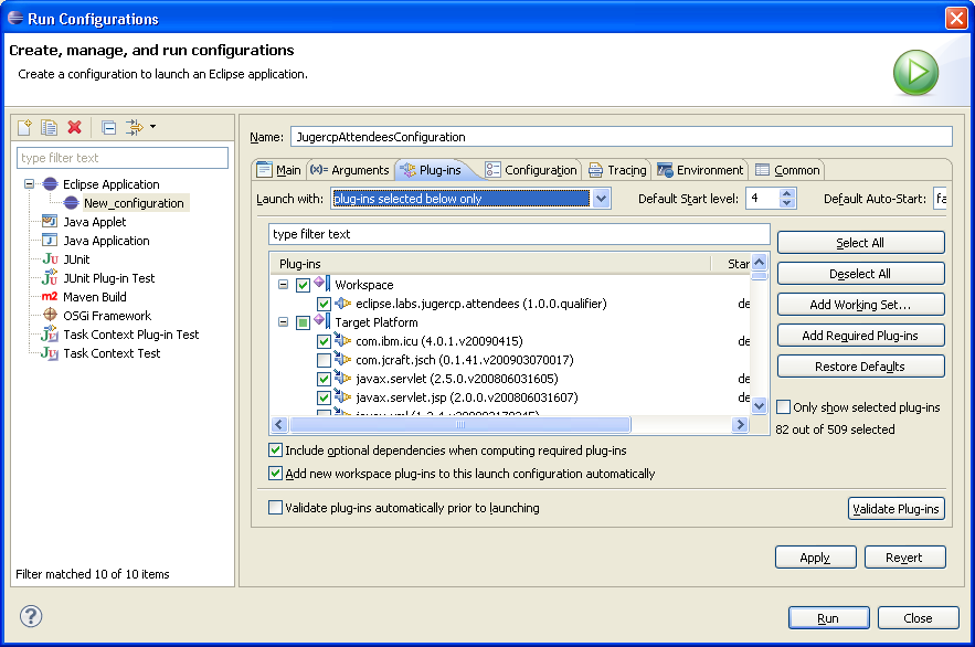 Sélection plug-ins dans la configuration d'exécution