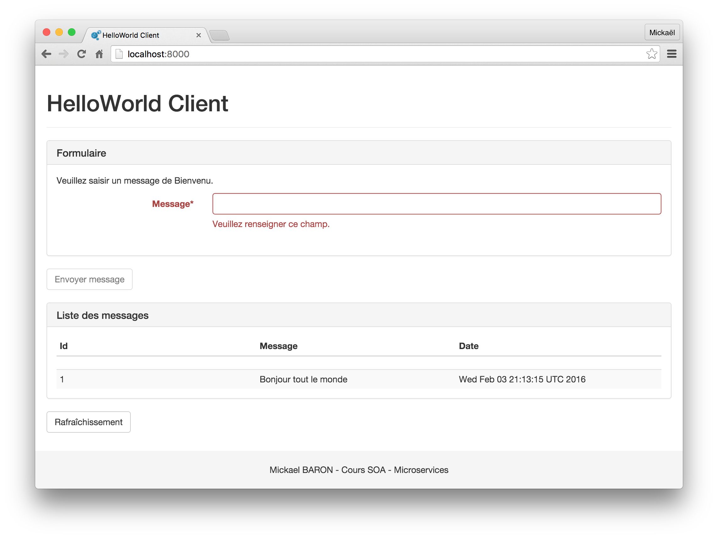 Interface web de l'application HelloWorld