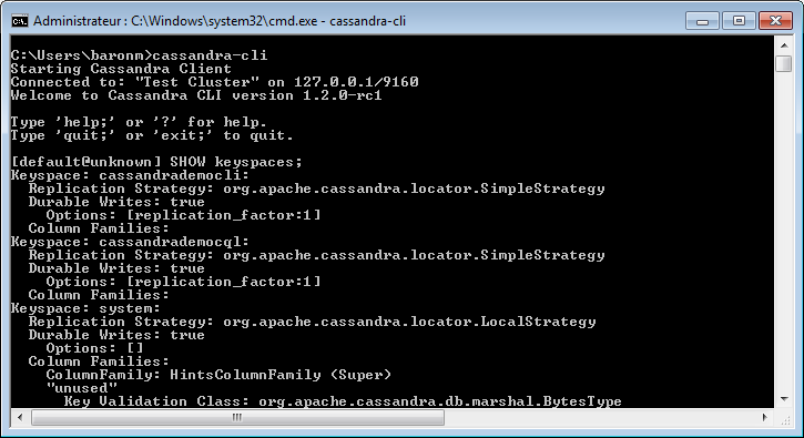 Résultat de la récupération des keyspaces avec Cassandra CLI