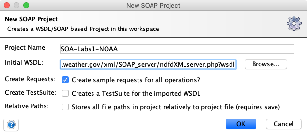 Création d'un nouveau projet SOAP-UI basé sur le WSDL de la NOAA